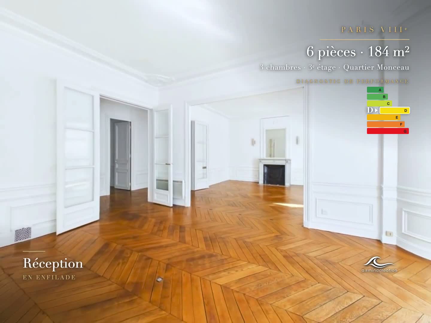 Frame from a cinematic tour: reception rooms in enfilade with editorial titling