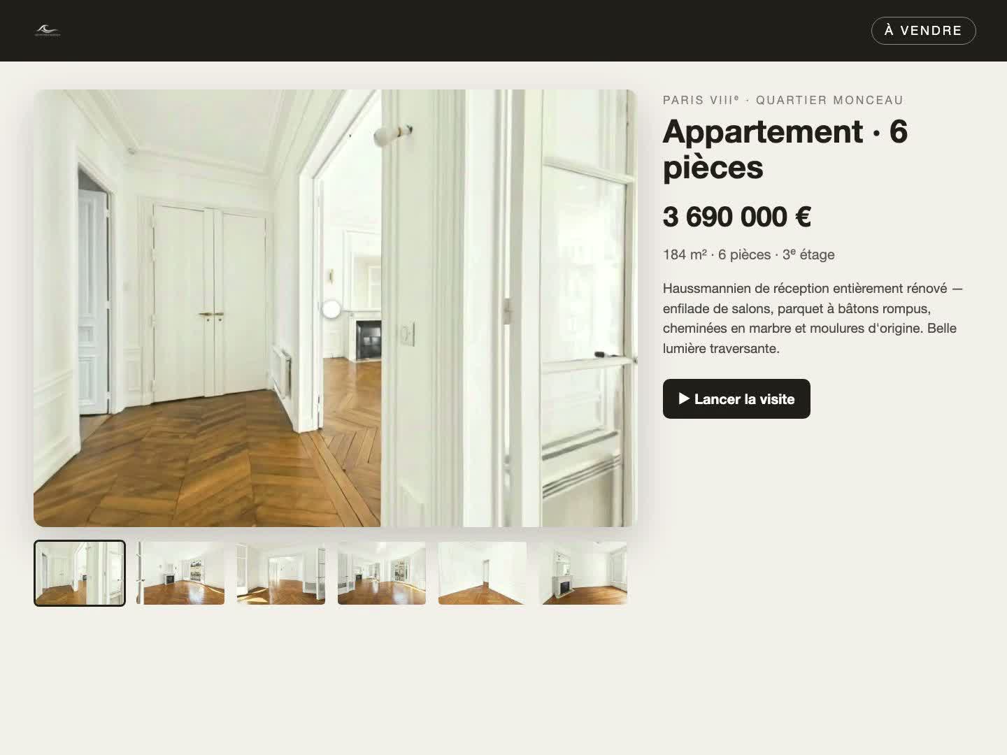 Branded property website: listing sheet, gallery and launch-tour button